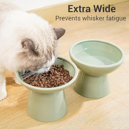 CEEFU 2 Elevated Ceramic Cat Bowls Extra Wide for Food & Water – Whisker Fatigue Shallow Food Dish, Lead & Cadmium-Free, Raised Height for Cats, Sage Green - color: Sage Green