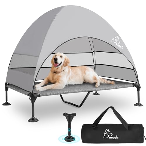 Upgraded Elevated Dog Bed with Canopy, Portable Raised Outdoor Dog Bed with Stable Anti-Slip Feet, Wider Shade Pet Bed Cot, Raised Dog Beds for Large Dogs Camping, Indoor & Outdoor Use - color: Dog Canopy-Black & Grey, size: 50.0"L x 32.0"W x 42.5"Th