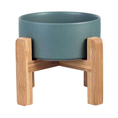 Ceramic Elevated Raised Cat Bowl with Wood Stand No Spill Pet Food Water Feeder Cats Small Dogs - color: Green, size: Medium