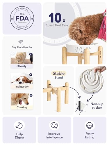 LE TAUCI PET Ceramic Slow Feeder Dog Bowls Elevated, 3 Cups Raised Dog Bowl with Wooden Stand for Medium Large Breed to Slow Down Eating, Puzzle Food Bowl,White - color: White+Stand, size: L-3 Cups