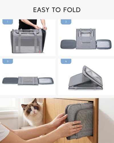 Soft-Sided Pet Carrier Bag Large Cat Small Dog Carriers,Grey | 55x40x23 cm Up To 26lbs For Medium Cats Dogs Puppies Collapsible Travel Puppy Carrier with Foldable Bowls - color: Grey