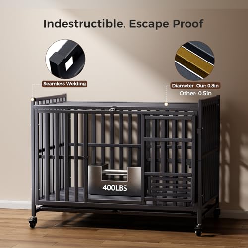 Heavy Duty Dog Crate, Escape-Proof Indestructible Cage for High-Anxiety Dogs, 3-Door Kennel with 4 Lockable Wheels and 2 Removable Trays Ideal for Large & Medium Breeds (49in) - size: 49.0"L x 29.2"W x 37.0"H