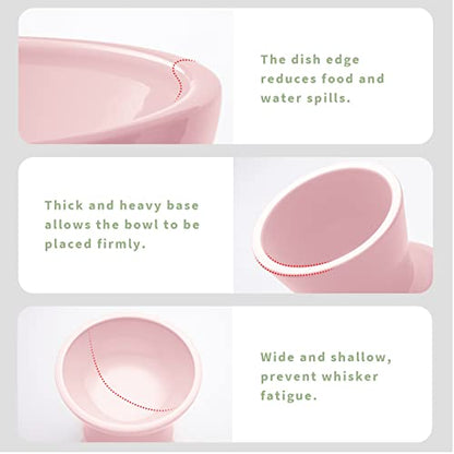 CEEFU 2 Elevated Cat Bowls Extra Wide for Food & Water – Whisker Fatigue, Ceramic Wide Shallow Food Dish, Lead & Cadmium Free, Raised Height for Cats, Pink - color: Pink