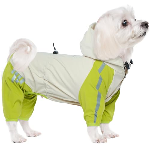 BRKURLEG Dog Raincoat With Legs, Waterproof Clothes, Pet Rainproof Jacket With Leash Hole, Reflective Poncho for Small Dogs, Green M - color: Green, size: M(Back Length9.8")