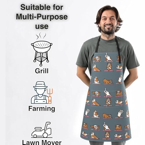 Dog or Paw Apron - 33" x 28" Large with 26" Waist Ties, Lightweight, with 2 Pockets for Your Cooking Essentials - style: English Bulldog Yoga