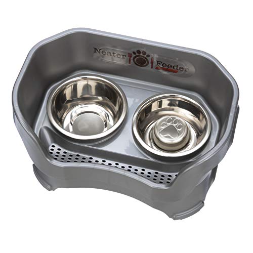 Neater Feeder Deluxe Mess Proof Dog Bowls Elevated for Medium Sized Breeds – Made in USA – No Spill Raised Slow Feeder Elevated Dog Bowl Stand, Stainless Steel Food and Water Bowl Set, Grey - color: Gunmetal Grey, size: Medium with Slow Feed Bowl