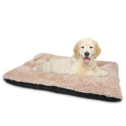 JOEJOY Dog Bed Crate Pad, Deluxe Plush Washable Dog Beds Fulffy Soft Kennel Pad Anti-Slip Pet Sleeping Mat for Small Dogs，23" x 18", Beige - color: Beige, size: S(23"x18"x3")