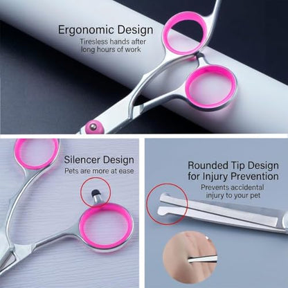 5-in-1 Pet Grooming Scissors for Dogs at Home, Stainless Steel Straight Thinning Curved Shears & Comb Pet Grooming Scissors Set with Storage Bag Hair Trimming Tools for Cat and Dog