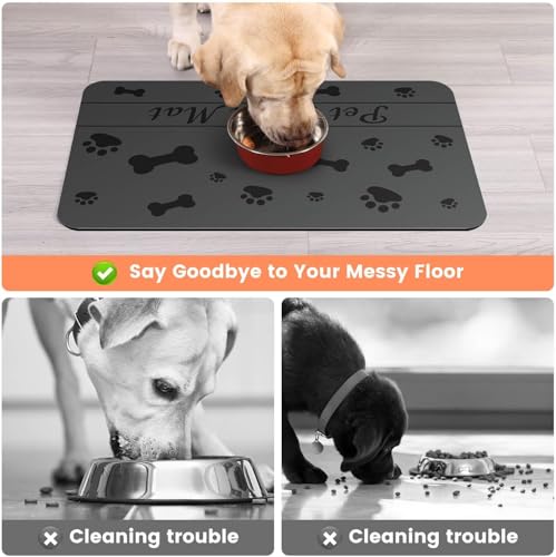Personalized Dog & Cat Food Mat with Name | Waterproof PU Pet Bowl Mat | Non-Slip Rubber Bottom | Easy Clean | 3 Sizes (24"×16", 30"×20", 36"×24") Black Paw Prints - color: black bone and paw prints