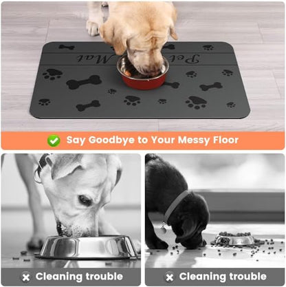 Personalized Dog & Cat Food Mat with Name | Waterproof PU Pet Bowl Mat | Non-Slip Rubber Bottom | Easy Clean | 3 Sizes (24"×16", 30"×20", 36"×24") Black Paw Prints - color: black bone and paw prints