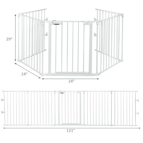 Costzon Baby Safety Gate, 121 Inch Length 5 Panel Adjustable Wide Fireplace Fence, BBQ Metal Fire Screen Gate, Pet Isolation Fence with Walk-Through Door, Freestanding Pets Gate - color: White, size: 5-Panel