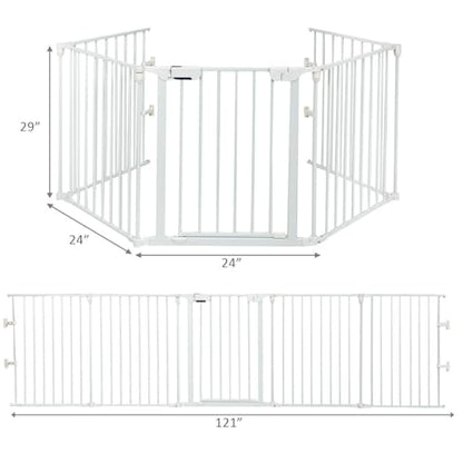 Costzon Baby Safety Gate, 121 Inch Length 5 Panel Adjustable Wide Fireplace Fence, BBQ Metal Fire Screen Gate, Pet Isolation Fence with Walk-Through Door, Freestanding Pets Gate - color: White, size: 5-Panel