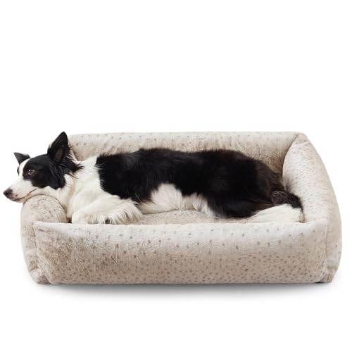 JOEJOY Dog Bed Medium Size Dog, Removable Washable Cover Orthopedic Soft Pet Bed, Anti-Slip Fluffy Plush Faux Rabbit Fur Puppy Bed, 30"x24"x8", Leopard Print, Beige - color: Beige, size: M (30"x24"x8")