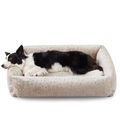 JOEJOY Dog Bed Medium Size Dog, Removable Washable Cover Orthopedic Soft Pet Bed, Anti-Slip Fluffy Plush Faux Rabbit Fur Puppy Bed, 30"x24"x8", Leopard Print, Beige - color: Beige, size: M (30"x24"x8")