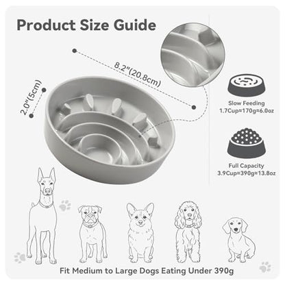 Ceramic Slow Feeder Dog Bowl, 1.8 Cups Anti -Slip Slow Feeding Bowl to Slow Down Eating, 8.2 Inch Dog Food Dish for Medium to Large Breeds, Grey - color: Grey, size: Medium