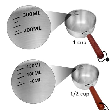 Kichwit Dog Food Scoop Pet Food Scoop 304 Stainless Steel Measuring Cup with Wood Handle, 1 Cup and 1/2 Cup, Pack of 2