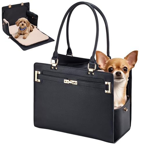 Dog Purse Carrier for Small Dogs, Stylish Foldable Pet Carrier Purse Tote Bag with Washable Cushion & Safety Leash, Airline Approved Puppy Travel Bag with Pockets (Black) - color: Black