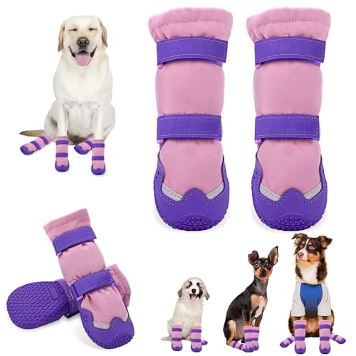 Dog Boots for Large Dogs, Medium Dog Shoes for Winter Snow Days, Waterproof Outdoor Dog Booties Fleece Lined Non- Slip with Reflective Strap for Snowy Hardwood Floor Hiking Walking, Size 7 - color: Purple, size: Size 7 (For Width 2.6"-2.8")