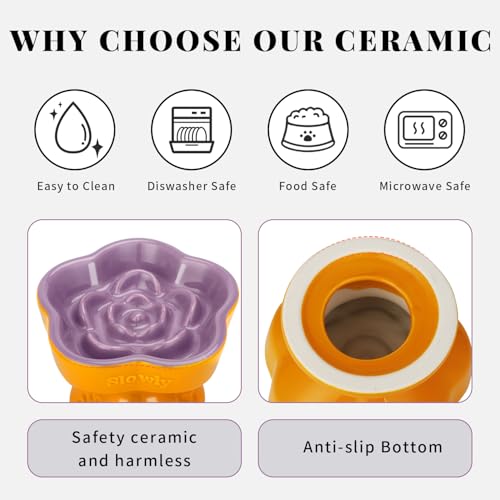 S&Q's Ceramics Raised Slow Feeder Cat Bowl, Ceramic Elevated Food Bowl Small Dogs Slow Feeder, Flower Shaped Cute Pet Dish for Dry and Wet Food (Purple, 5.8") - color: Purple