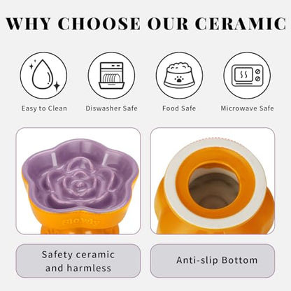S&Q's Ceramics Raised Slow Feeder Cat Bowl, Ceramic Elevated Food Bowl Small Dogs Slow Feeder, Flower Shaped Cute Pet Dish for Dry and Wet Food (Purple, 5.8") - color: Purple