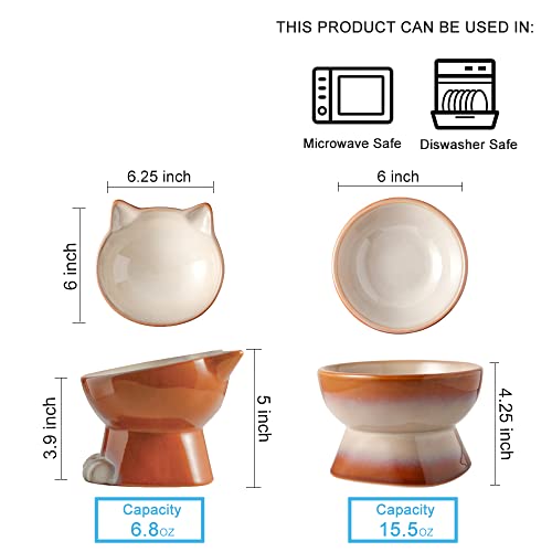 Nihow Elevated Cat Bowls,6 Inch Ceramic Raised Cat Food and Water Bowl Set | Slanted,Whisker Friendly,for Protecting Pet's Spine,Microwave & Dishwasher Safe ,Elegant Brown,6.8 OZ - color: Brown, size: 6.8 OZ+15.5 OZ