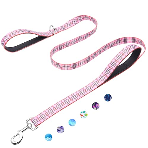 4ft Dog Leash with Two Padded Handles, Heavy Duty Strong Nylon Pet Leash with Soft Neoprene Handle for Small Medium Large Dogs, Pink Plaid - color: Pink Plaid, size: 1 in x 4 ft