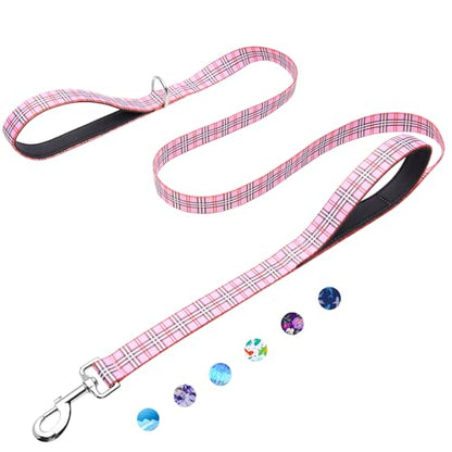 4ft Dog Leash with Two Padded Handles, Heavy Duty Strong Nylon Pet Leash with Soft Neoprene Handle for Small Medium Large Dogs, Pink Plaid - color: Pink Plaid, size: 1 in x 4 ft