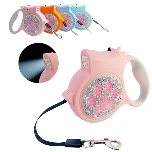 Led Retractable Dog Leash – 16ft Leash with Handcrafted Sparkle Detail Tangle-Free One-Hand Brake Soft Grip Handle for Small & Medium Dogs Up to 77lbs (DL-PK) - color: DL-PK