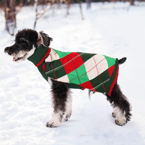 KOOLTAIL Dog Christmas Sweater Pet Knitted Clothes - Classic Plaid Pull Over Turtleneck Dog Sweaters with Leash Hole Warm Dogs Winter Clothing for Small Medium Dogs Cats Puppy Boy Girl Red & Green SM - color: Red & Green, size: Small/Medium