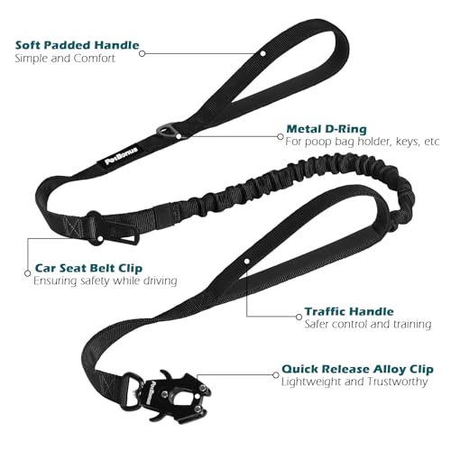 PetBonus Heavy Duty Tactical Dog Leash, 5 FT Bungee Shock Absorption Leash with 2 Padded Handles, Quick Release Metal Clip, Car Seatbelt, No Pull Training Lead for Large Medium Dogs (Black) - color: Black