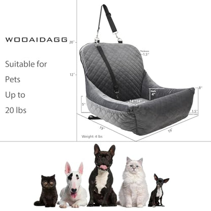 WOOAIDAGG Dog Car Seat,Fully Detachable and Washable Cover,Easy to Assemble,Comfy Cushion Fill in Memory Foam,2 Clip-On Safety Leashes and Storage Pockets (Grey) - color: Grey