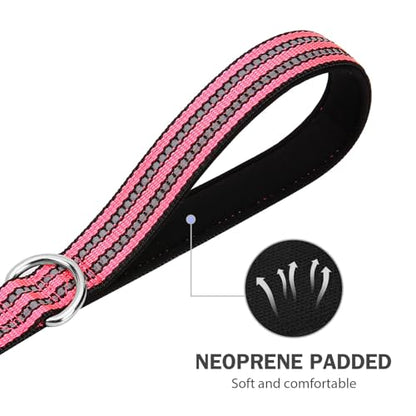 Hikiko 4 Foot Dog Leash with Two Handles Heavy Duty Double Handle Traffic Dog Leash Reflective Training Lead, Hot Pink - color: Hot Pink, size: 1 in x 4 ft