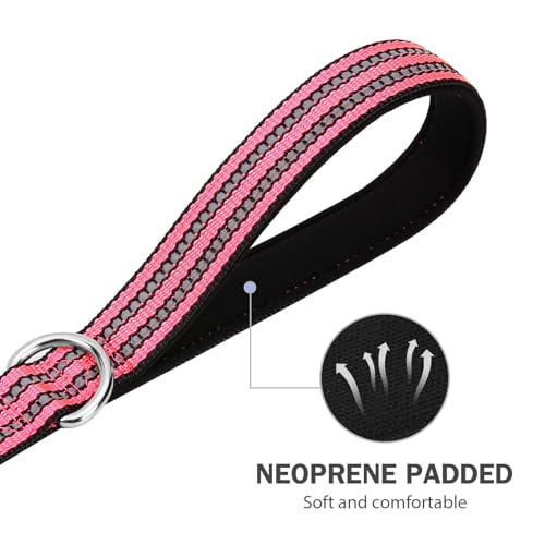 Hikiko 5 Foot Dog Leash with Two Handles Heavy Duty Double Handle Traffic Dog Leash Reflective Training Lead, Hot Pink - color: Hot Pink, size: 1 in x 5 ft