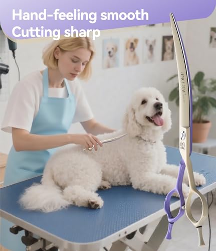 Curved Dog Grooming Scissors with Coating 440C Stainless Steel, 7 inch Professional Curved Shears Dog Grooming，25 Degree of Curved Blade，Pet Shear for Trimming Face and Paw, Violet & White - color: Violet&white