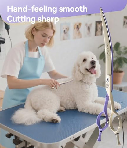 Curved Dog Grooming Scissors with Coating 440C Stainless Steel, 7 inch Professional Curved Shears Dog Grooming，25 Degree of Curved Blade，Pet Shear for Trimming Face and Paw, Violet & White - color: Violet&white