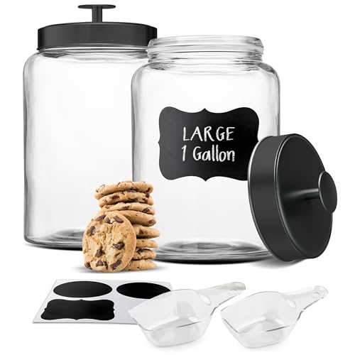KooK Glass Storage Containers with Lids, Glass Jar with Lid, 1 Gallon, Set of 2, Glass Canister, Storage, Laundry, Kitchen Jar, (Circular, Black) - color: Large, Black Lid