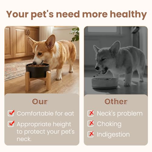 hjn Elevated Ceramic Dog Bowl with Bamboo Stand, Raised Pet Feeding Station for Small Medium Dogs Cats, Modern Design with Anti-Slip Base (Black, 3.6Cup) - color: Black, size: 3.6Cup