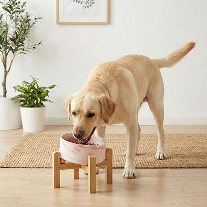 hjn Elevated Ceramic Dog Bowl 15°Slanted Raised Dog Bowl with Bamboo Stand for Small Medium Dogs and Cats, Pet Feeder -7.6-Cup (1800ml)-Marble Pink - color: Marble Pink, size: 7.6Cup