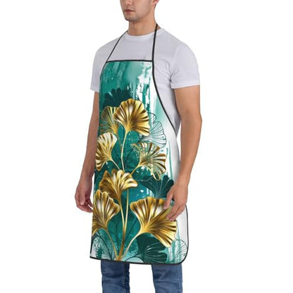 Women Men Bib Aprons Chef Cooking Apron With Pockets For Kitchen Grilling Bbq Painting Gardening - color: Green Leaves