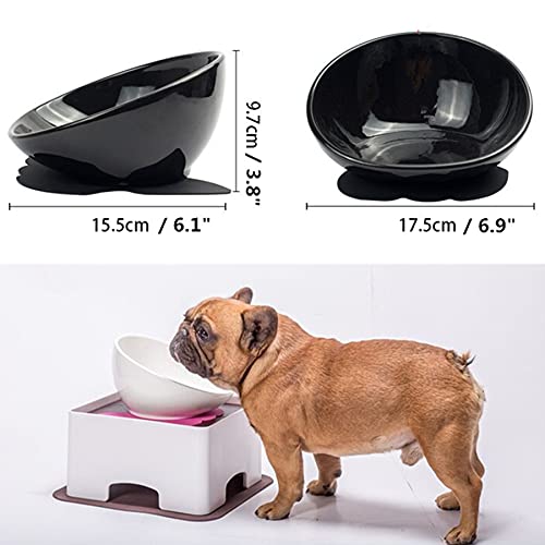 Ceramic Bulldog Bowl Dog Feeding Bowl - Dog Dish Wide Mouth Pet Sterile Tilted Pet Feeder with Anti-Skid Rubber Mat for Small Medium Dogs (Black) - color: Black bowl set