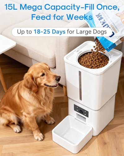 15L/63 Cups Automatic Dog Feeder for Large Breeds: Feeds for 18–25 Days - Anti-Clog Design for 2–23mm Kibble - 5G WiFi Auto Dog Food Dispenser with HD Camera and Timer for Busy Pet Parents