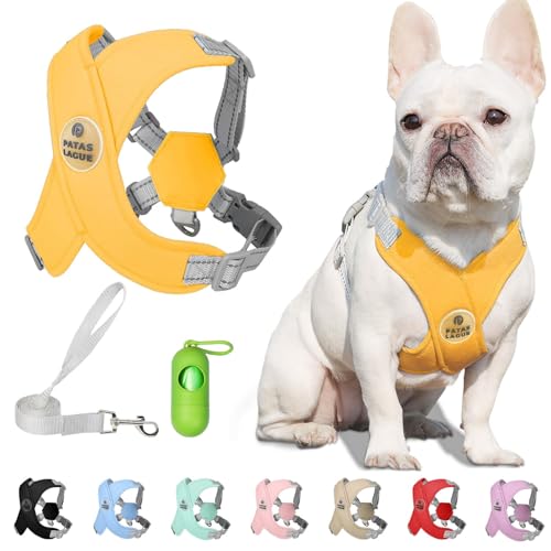 Patas Lague Dog Harness with Leash Set Adjustable Soft Padded Step-in Dog Vest No Choke No Pull Reflective for Small Pets with Poop Bags and Dispenser, Solid and No-chew, Yellow XS - color: Yellow, size: XS (Neck 16-19.1'' Chest 18.8-21.5'')