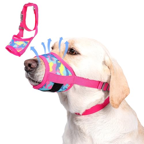 Dog Muzzle with Escape-Proof Elastic Neck Collar, Soft Breathable Air Mesh Mouth Cover Stops Biting Barking Chewing Allows Drinking Panting, Adjustable Muzzle for Small Medium Large Dogs - color: Pink/Blue, size: S