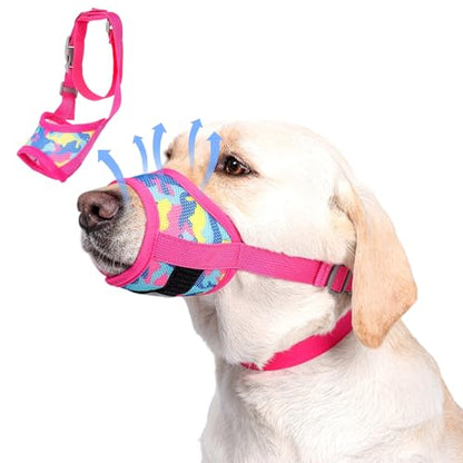 Dog Muzzle with Escape-Proof Elastic Neck Collar, Soft Breathable Air Mesh Mouth Cover Stops Biting Barking Chewing Allows Drinking Panting, Adjustable Muzzle for Small Medium Large Dogs - color: Pink/Blue, size: S
