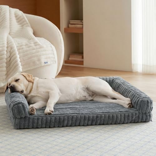 Bedsure ComfyFleece™ Orthopedic Dog Beds for Extra Large Dogs, Memory Foam XL Dog Couch with Sides, Waterproof Big Pet Sofa with Washable Corduroy Cover, Non-Slip and Egg-Crate Foam, Grey - color: Grey, size: 45.0"l X 32.0"w X 7"th
