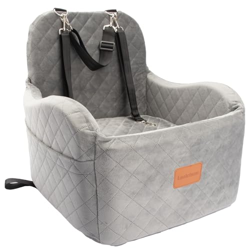 Lealchum Dog Booster Car Seat for Small/Medium Dogs Up to 35lbs,Ultra Soft Fabric Covered,6in Elevated Cushion,Fully Detachable and Washable,3 Straps & 2 Pockets,Easy to Install(Grey,Medium) - color: Grey