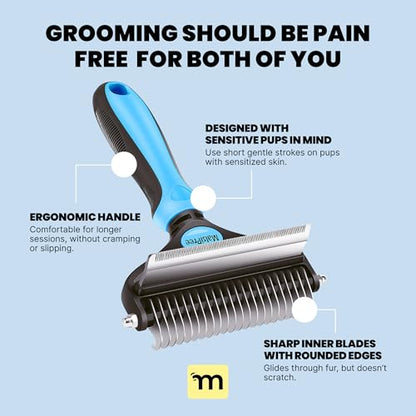 MalsiPree Dog Brush for Shedding - Large Blue, 2-in-1 Deshedding Rake | 2-in-1 deshedding brush & undercoat rake - dematting comb - Use for double-coated dogs, cats & heavy shedding - color: Blue