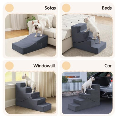 Dog Ramp for Bed Couch, 15.3" H Dog Stairs for Small Dogs | 2 in 1 Transformable 3-Step Pet Steps for Bed, Foldable Cats Ramp to Get on Bed, Non-Slip Balanced, Grey - size: 15.7 X 21.2 X 15.3 In