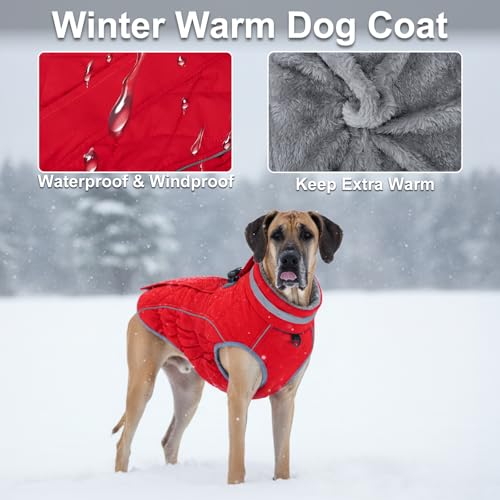 Dog Coat, Warm Dog Winter Coat for Large Dogs, Waterproof Jacket with Harness Built in, Reflective Turtleneck Cold Weather Coats with Zipper,Pet Fleece Vest Snow Jacket, Red XXXL - color: Red, size: XXXL