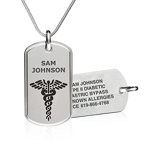 Divoti Custom Laser Engraved Medical Alert Necklace for Men | 28" Ball Chain with Lobster | Personalized Dog Tag ID with Black caduceus | Stainless Steel, Durable Waterproof Design - color: Black, style: 24" Snake Chain